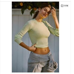 Anthropologie light green Daily Practice long sleeve ribbed cropped blouse